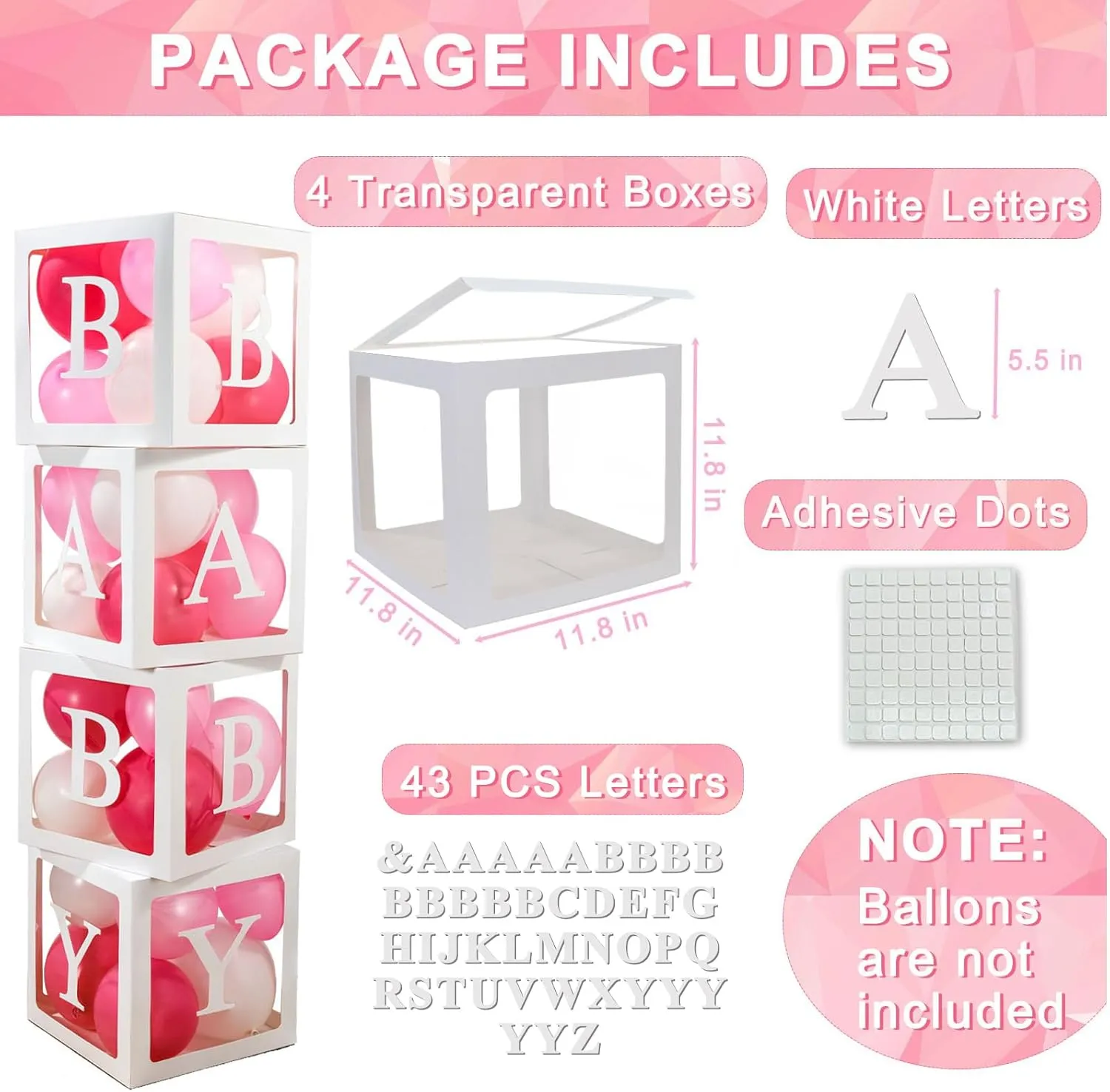 Baby Boxes with Letters, Clear Balloon Boxes for Baby Shower, White Transparent Block Babyboy Letter Boxes for Birthday Bridal Wedding Graduation Prom Party Gender Reveal Party Decor, 4 PCS