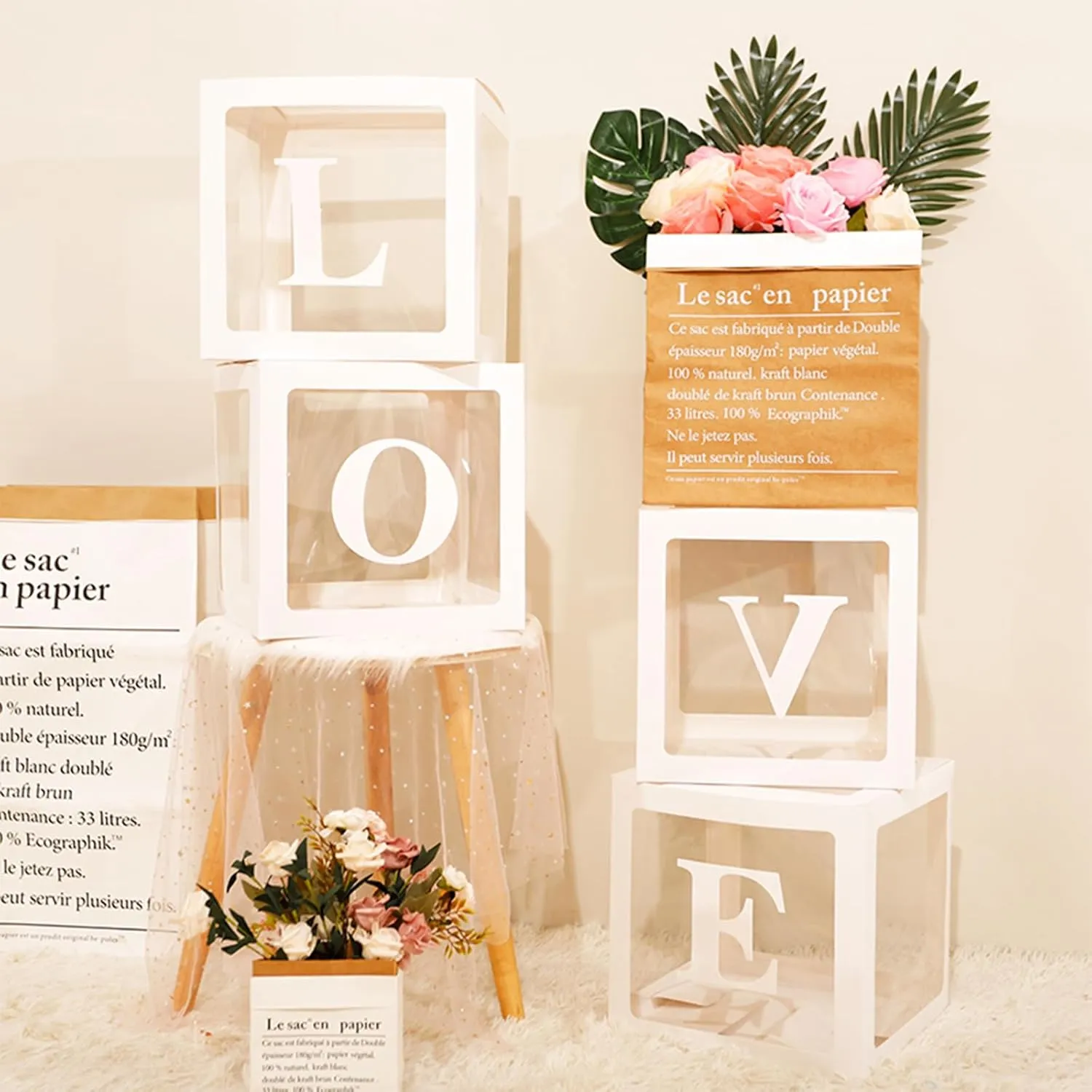 Baby Boxes with Letters, Clear Balloon Boxes for Baby Shower, White Transparent Block Babyboy Letter Boxes for Birthday Bridal Wedding Graduation Prom Party Gender Reveal Party Decor, 4 PCS