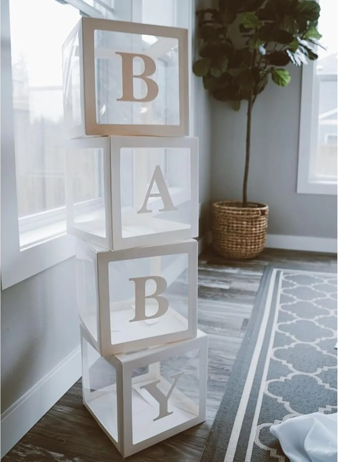 Baby Boxes with Letters, Clear Balloon Boxes for Baby Shower, White Transparent Block Babyboy Letter Boxes for Birthday Bridal Wedding Graduation Prom Party Gender Reveal Party Decor, 4 PCS