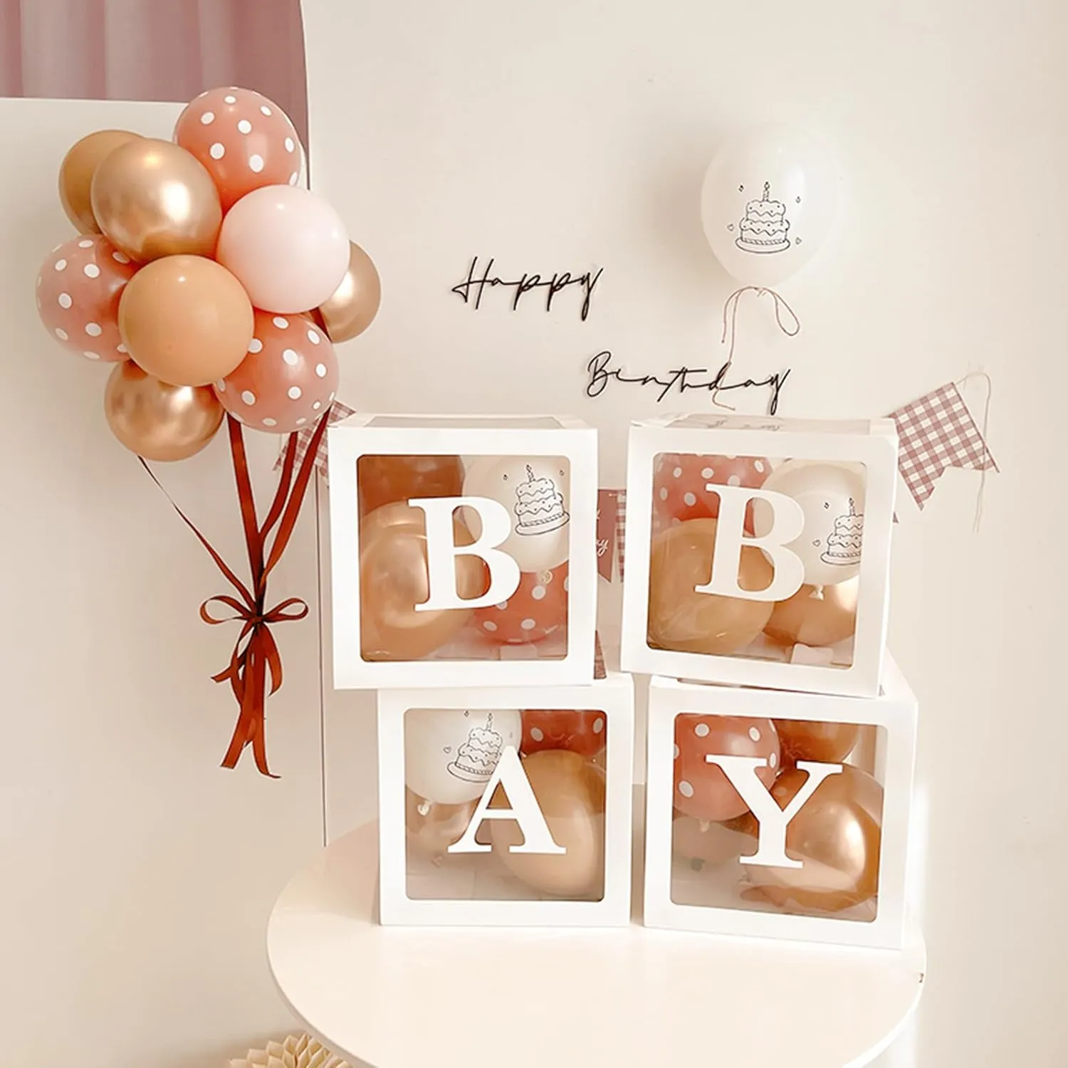 Baby Boxes with Letters, Clear Balloon Boxes for Baby Shower, White Transparent Block Babyboy Letter Boxes for Birthday Bridal Wedding Graduation Prom Party Gender Reveal Party Decor, 4 PCS