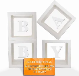 Baby Boxes with Letters, Clear Balloon Boxes for Baby Shower, White Transparent Block Babyboy Letter Boxes for Birthday Bridal Wedding Graduation Prom Party Gender Reveal Party Decor, 4 PCS