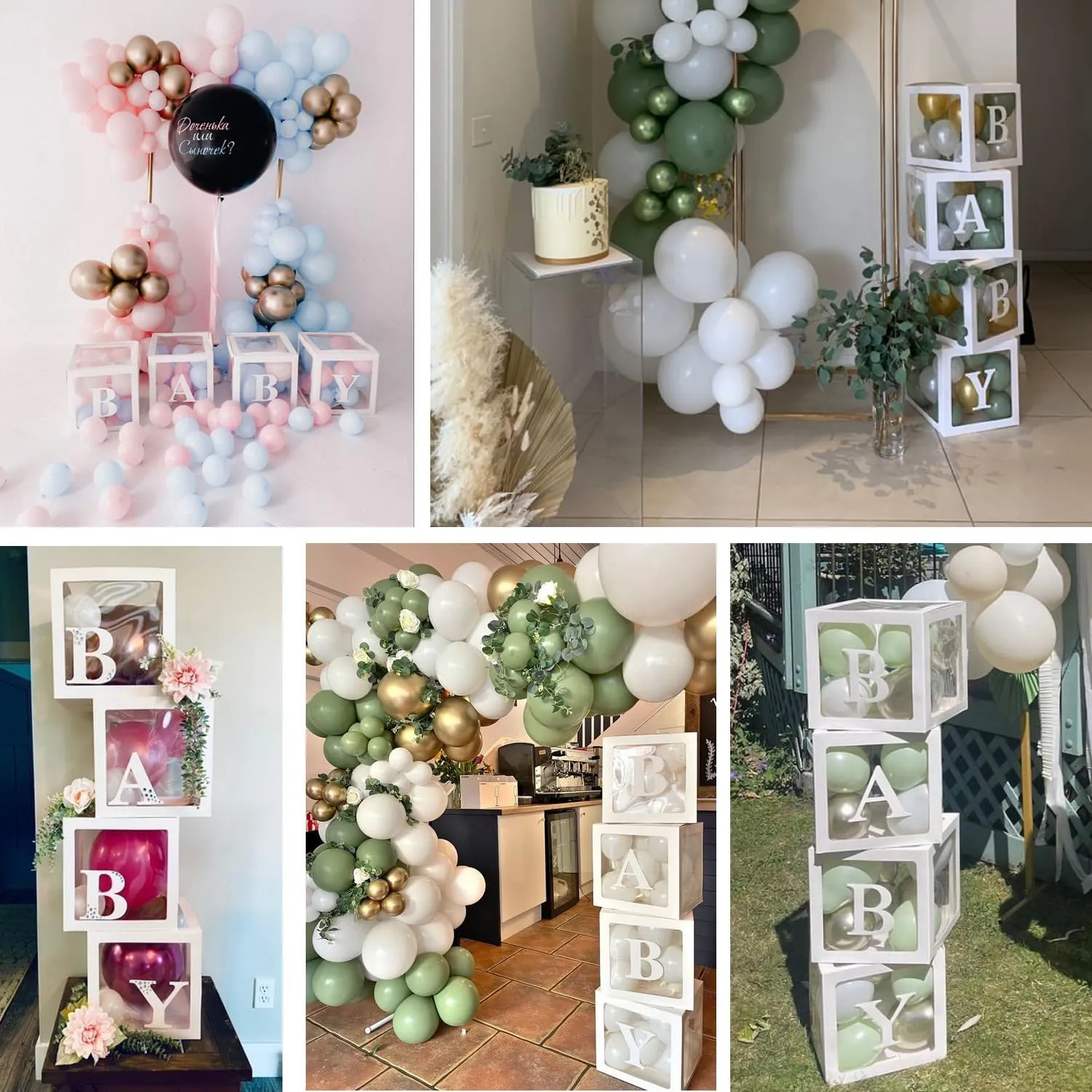 Baby Boxes with Letters, Clear Balloon Boxes for Baby Shower, White Transparent Block Babyboy Letter Boxes for Birthday Bridal Wedding Graduation Prom Party Gender Reveal Party Decor, 4 PCS
