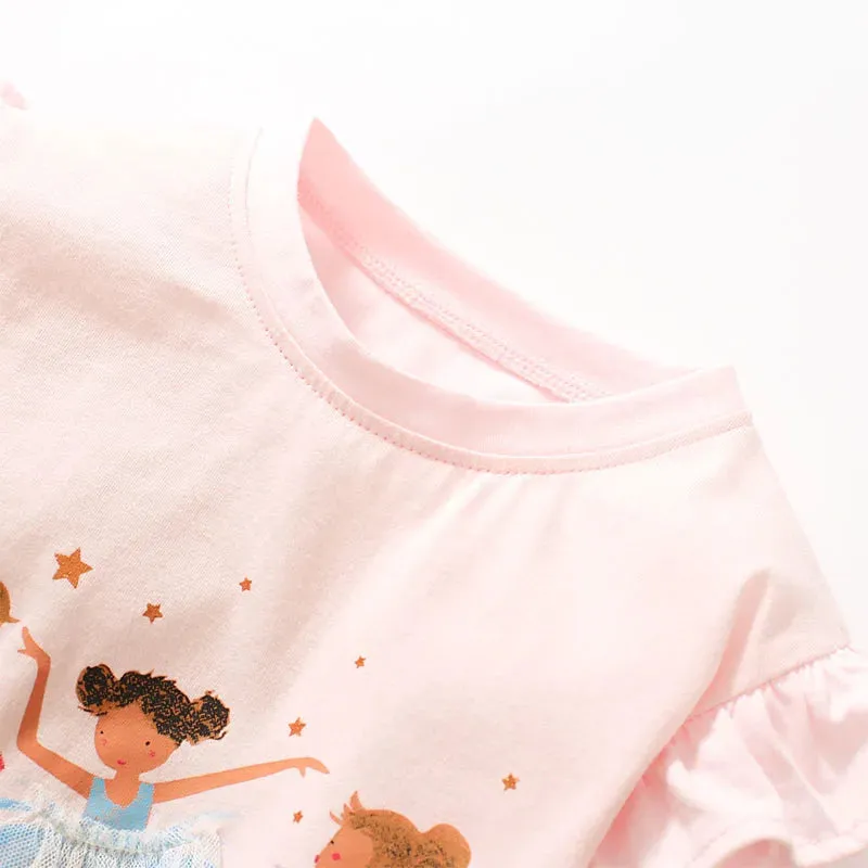 Cartoon Ballet Girls Design Cotton Tops for Kids