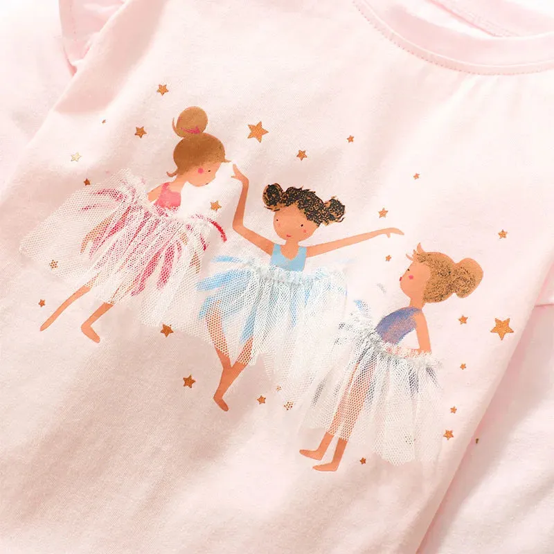 Cartoon Ballet Girls Design Cotton Tops for Kids