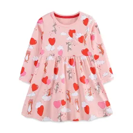 Cartoon Rabbits with Heart Balloons Design Girls Casual Dress