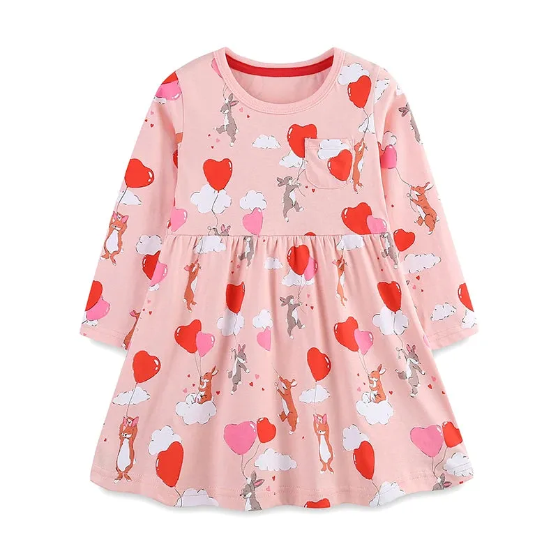 Cartoon Rabbits with Heart Balloons Design Girls Casual Dress