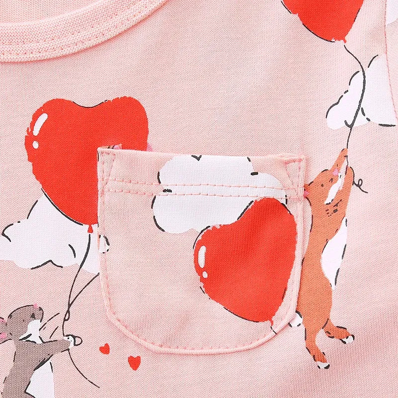 Cartoon Rabbits with Heart Balloons Design Girls Casual Dress