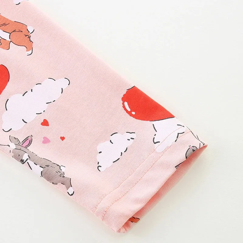 Cartoon Rabbits with Heart Balloons Design Girls Casual Dress