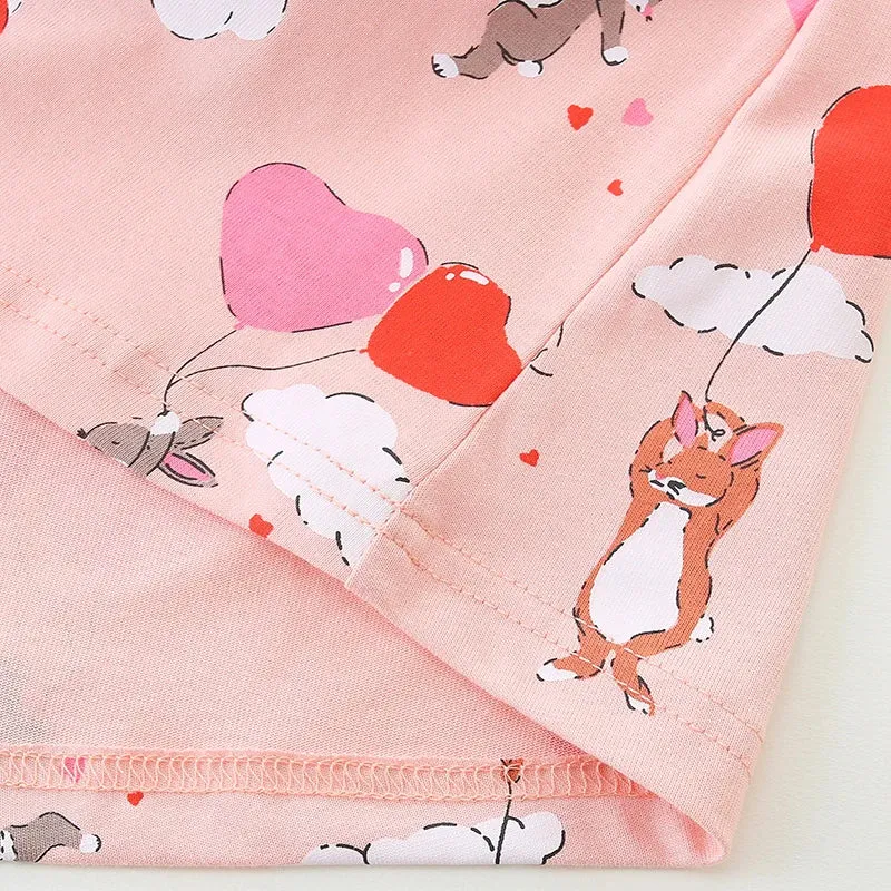 Cartoon Rabbits with Heart Balloons Design Girls Casual Dress