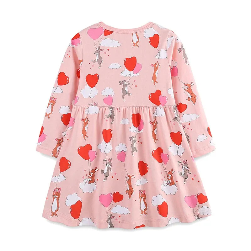 Cartoon Rabbits with Heart Balloons Design Girls Casual Dress