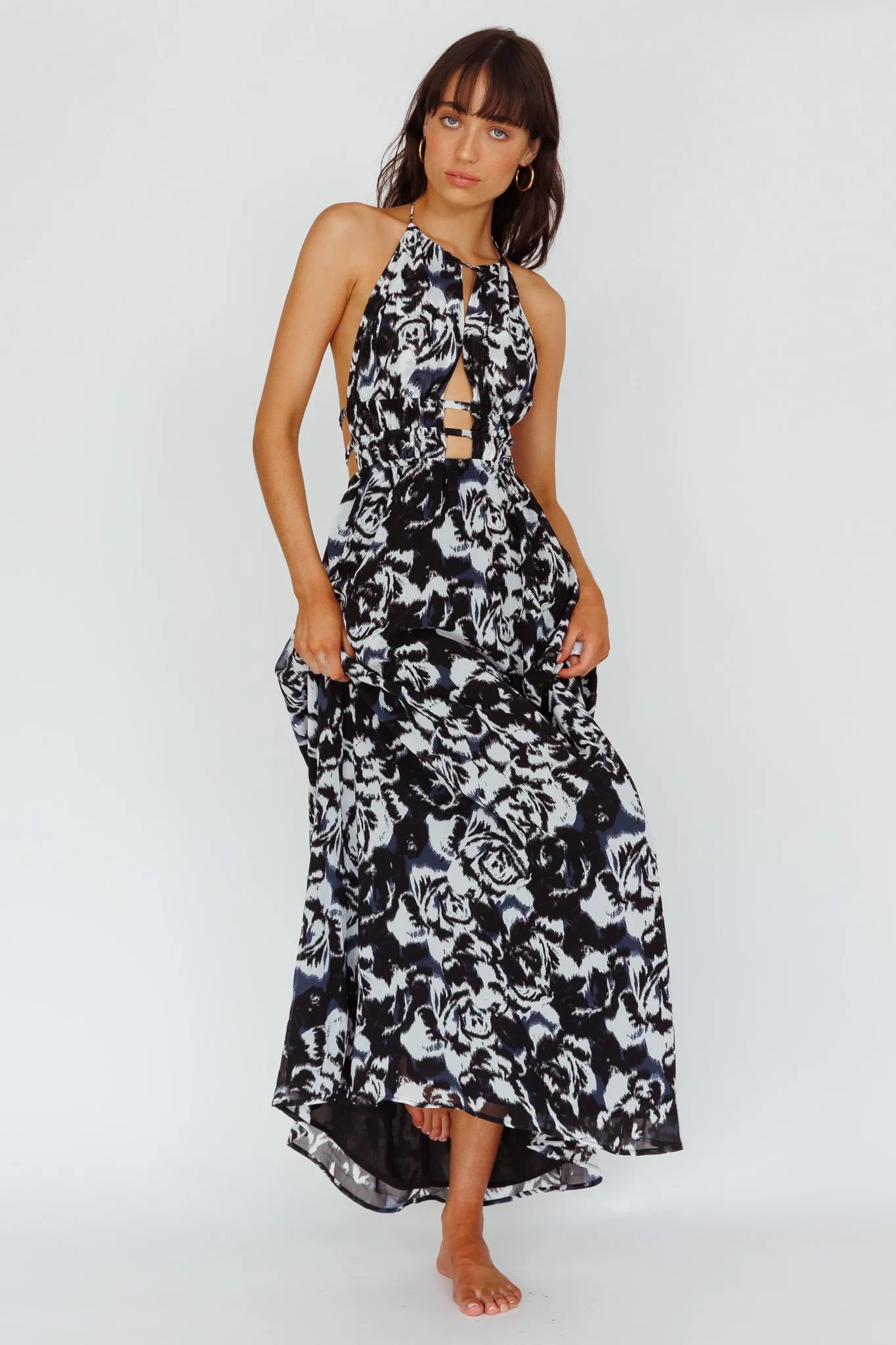 Cyndi Open Back Halterneck Maxi Dress Floral Black