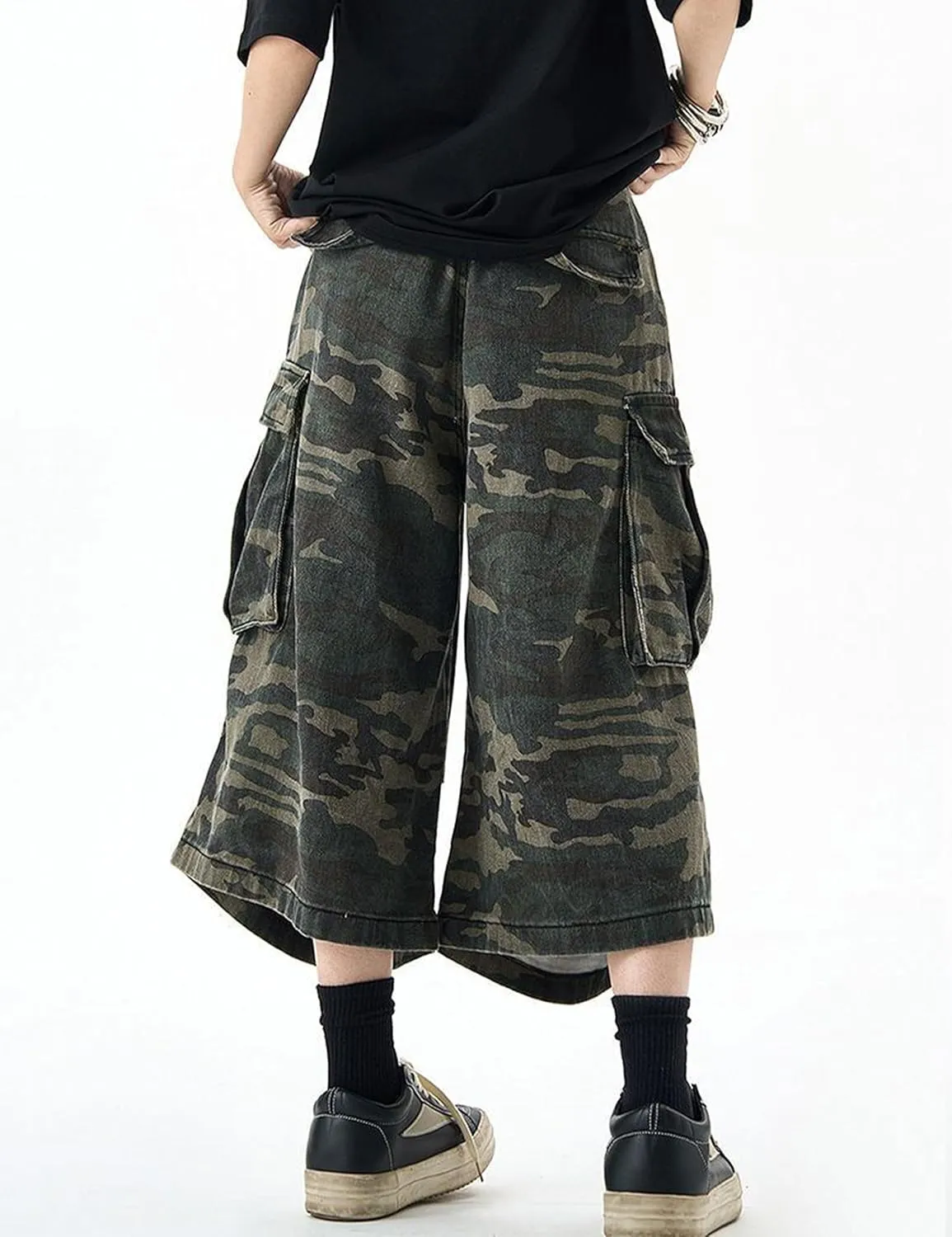 FCOOLYEET Mens Camo Jeans Shorts Y2k Baggy Long Jorts Camouflage Denim Cargo Shorts for Men