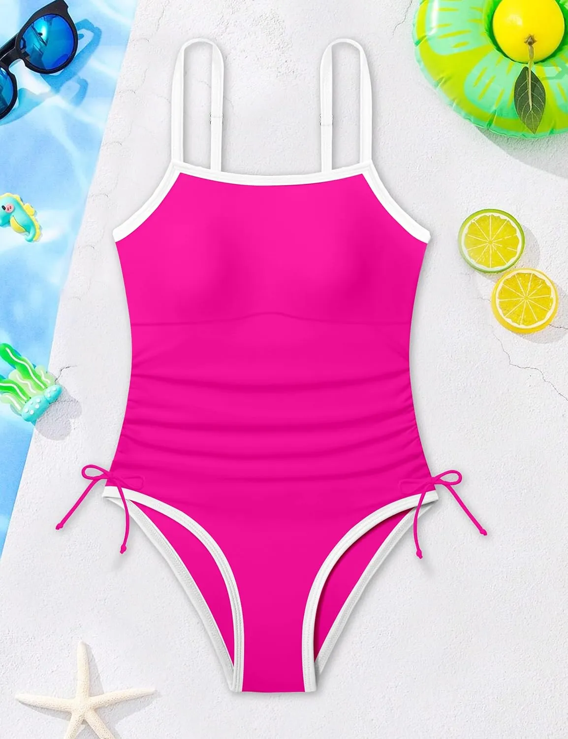 Girls Swimsuit One Piece Bathing Suit Color Block Strap Swimwear Drawstring Swimsuits for Teens 9-16Y with Padded