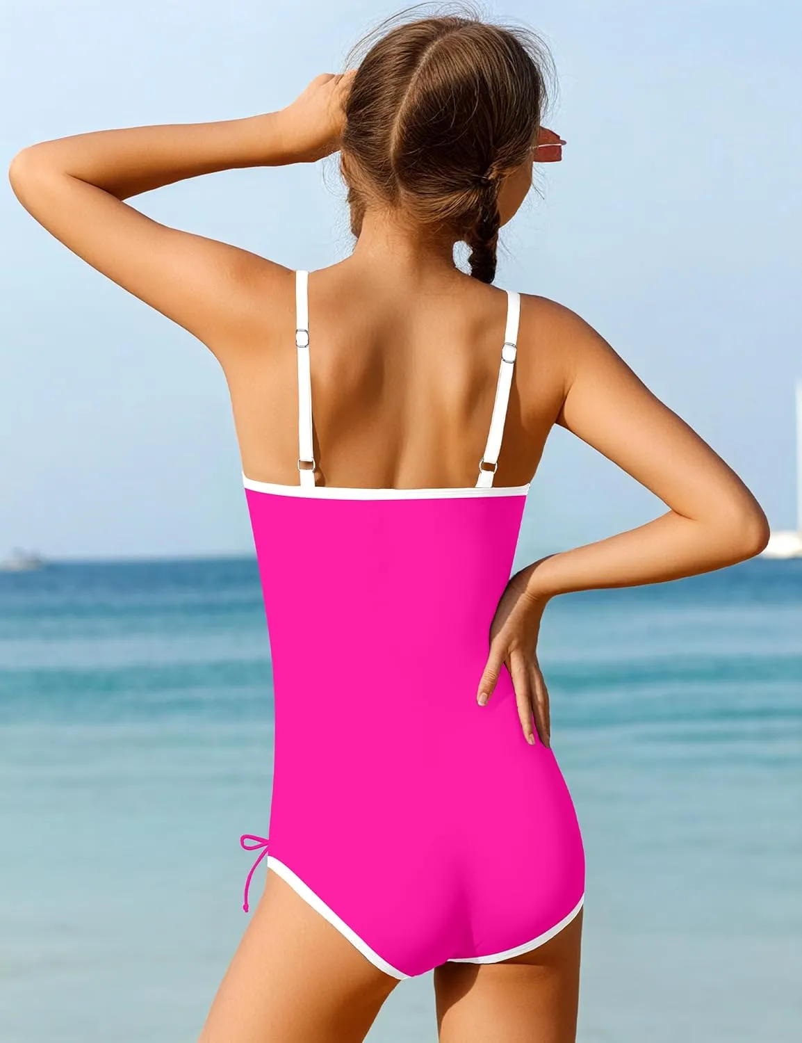 Girls Swimsuit One Piece Bathing Suit Color Block Strap Swimwear Drawstring Swimsuits for Teens 9-16Y with Padded