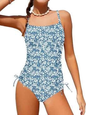 Girls Swimsuit One Piece Bathing Suit Color Block Strap Swimwear Drawstring Swimsuits for Teens 9-16Y with Padded