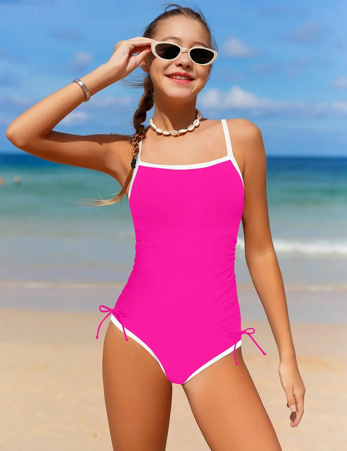 Girls Swimsuit One Piece Bathing Suit Color Block Strap Swimwear Drawstring Swimsuits for Teens 9-16Y with Padded
