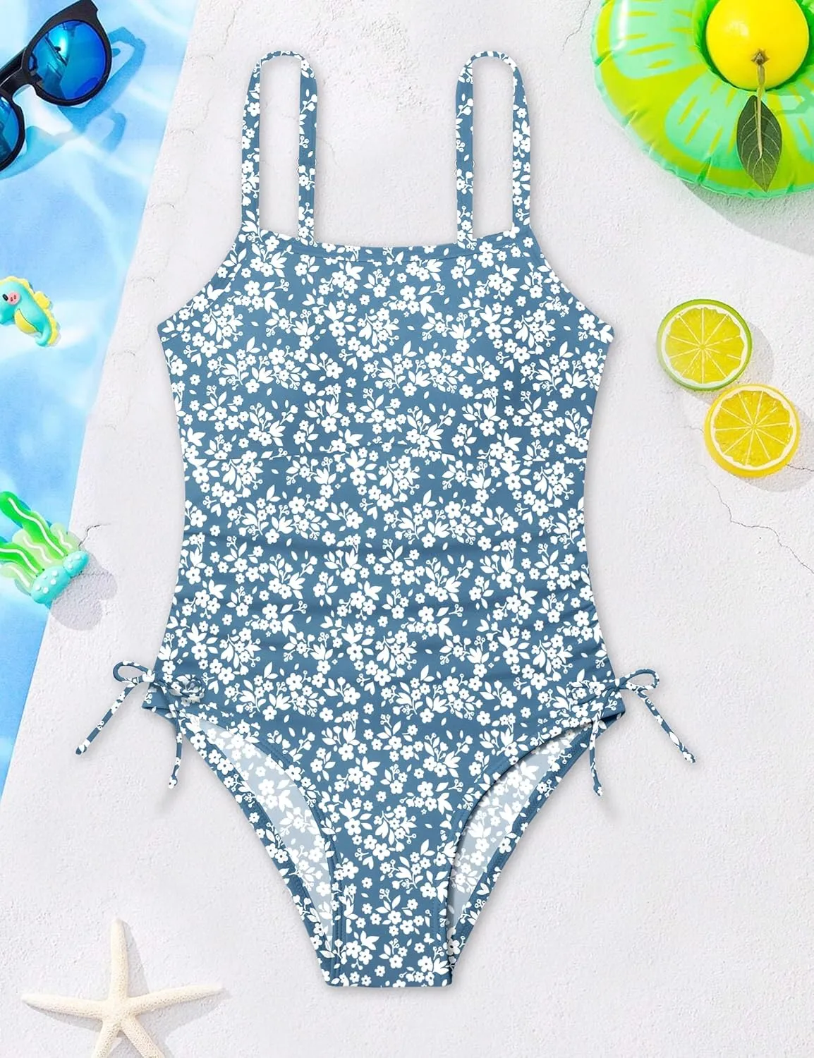 Girls Swimsuit One Piece Bathing Suit Color Block Strap Swimwear Drawstring Swimsuits for Teens 9-16Y with Padded