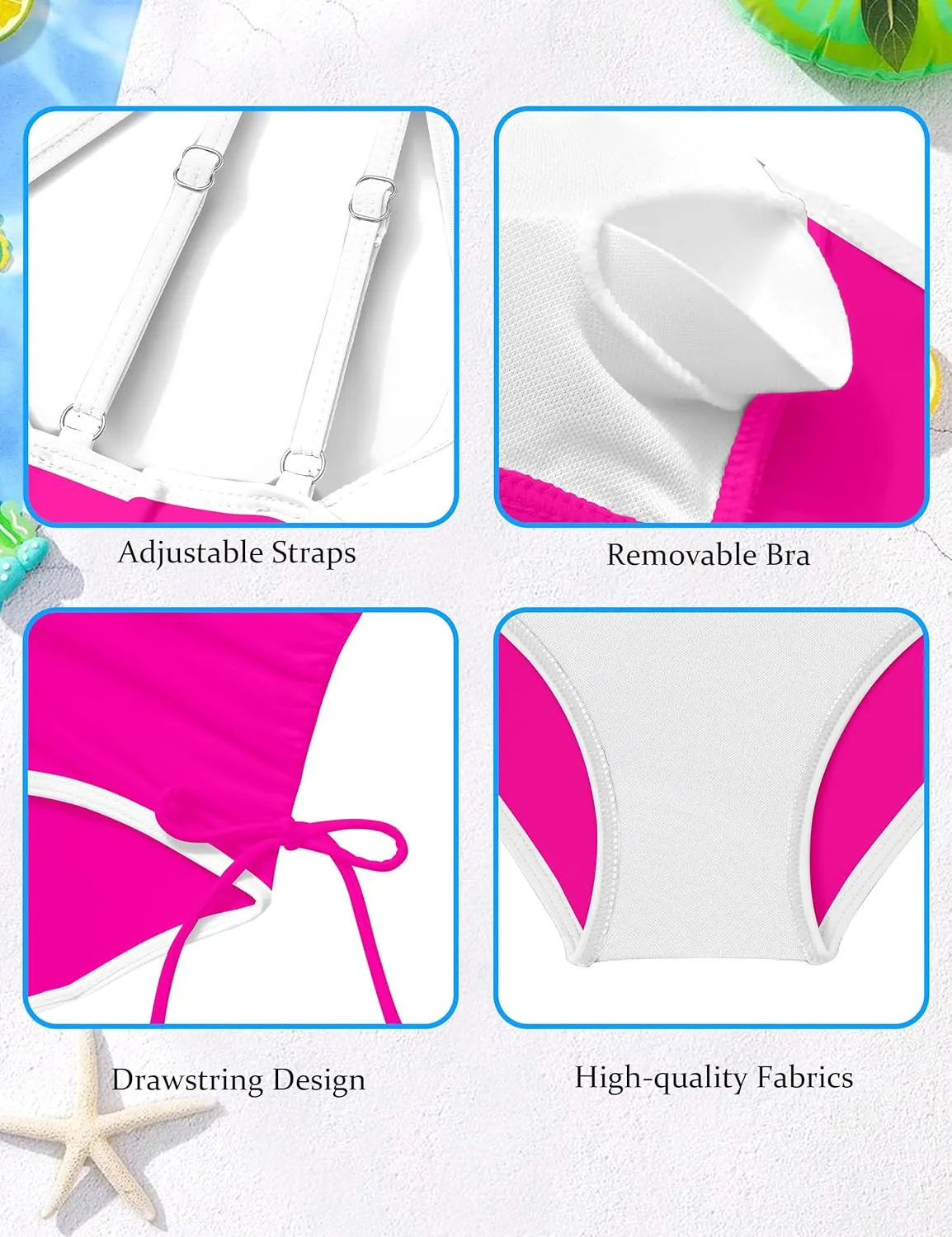 Girls Swimsuit One Piece Bathing Suit Color Block Strap Swimwear Drawstring Swimsuits for Teens 9-16Y with Padded