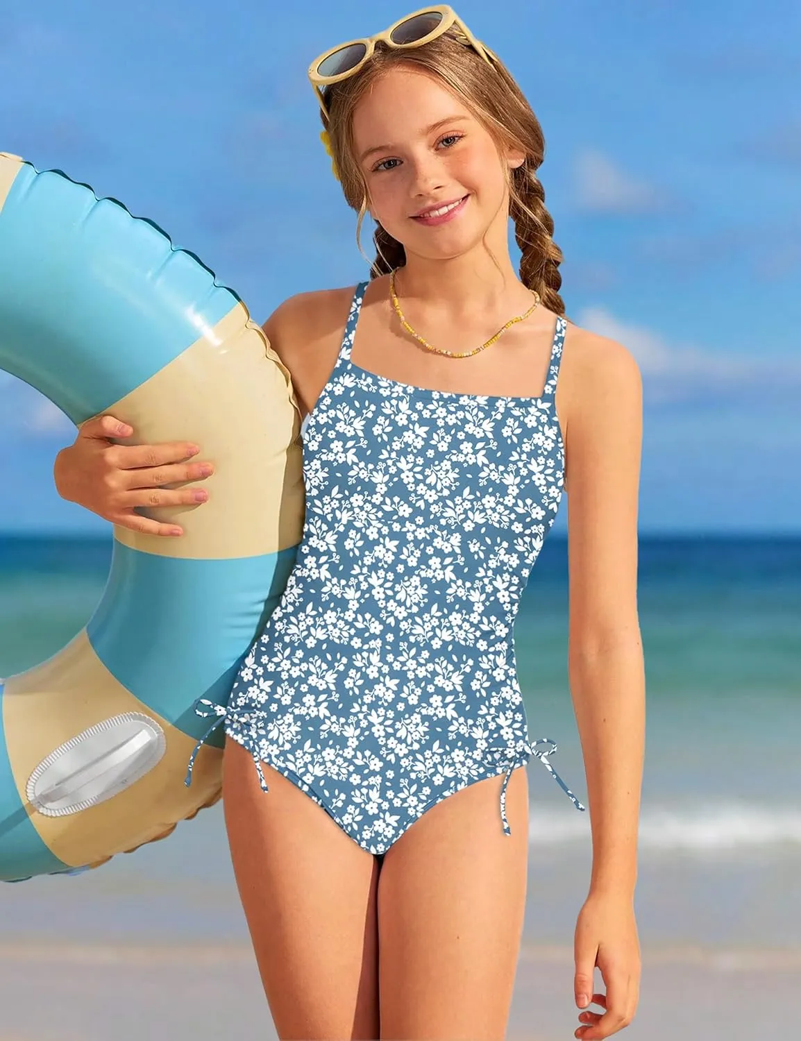 Girls Swimsuit One Piece Bathing Suit Color Block Strap Swimwear Drawstring Swimsuits for Teens 9-16Y with Padded