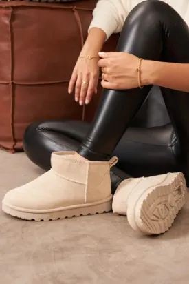 H.O.S Faux Suede Womens Fur Lined Beige Mini Winter Ankle Boots