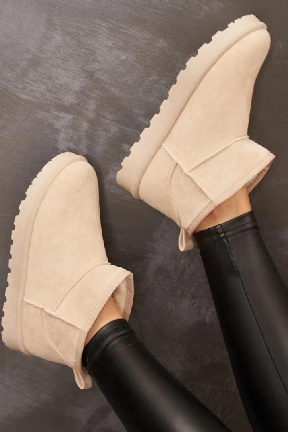 H.O.S Faux Suede Womens Fur Lined Beige Mini Winter Ankle Boots