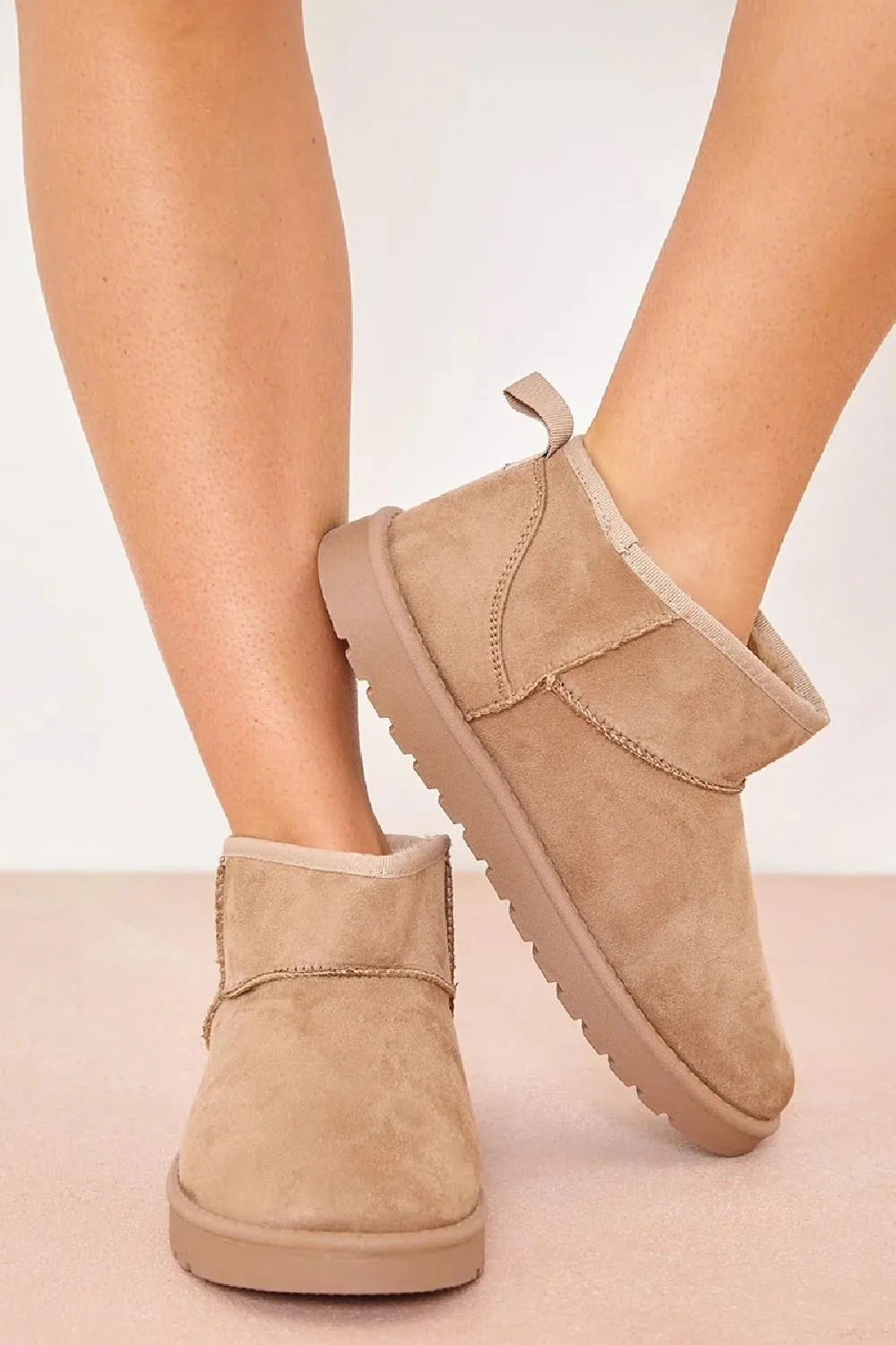 H.O.S Faux Suede Womens Fur Lined Camel Mini Winter Ankle Boots
