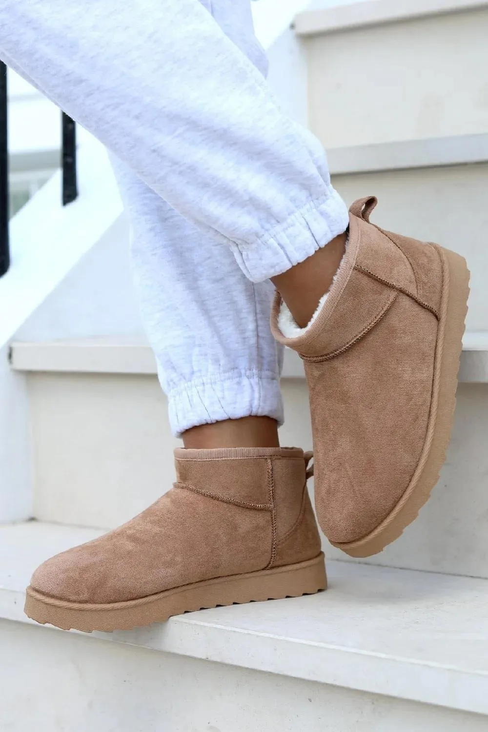 H.O.S Faux Suede Womens Fur Lined Camel Mini Winter Ankle Boots