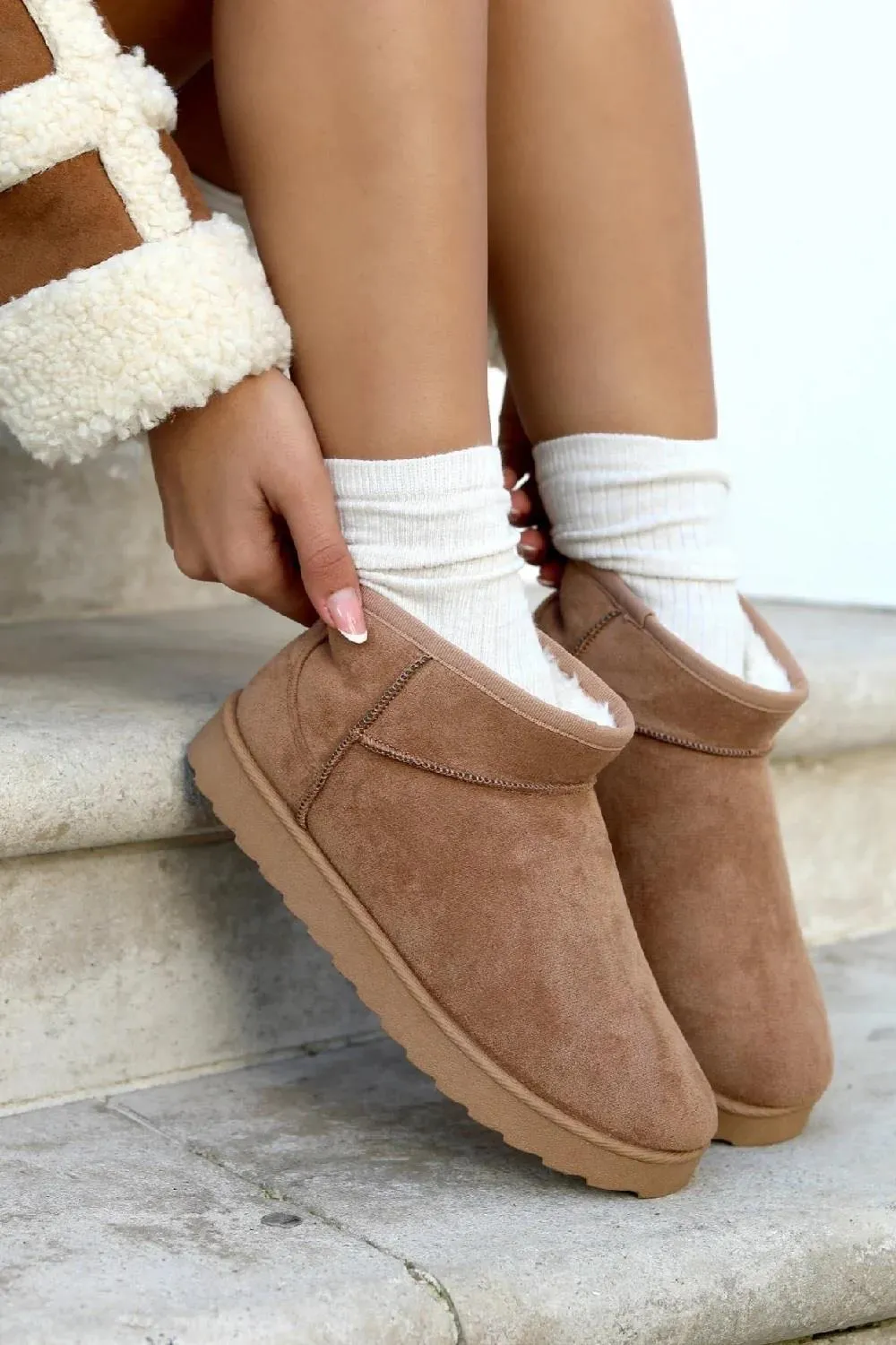 H.O.S Faux Suede Womens Fur Lined Camel Mini Winter Ankle Boots