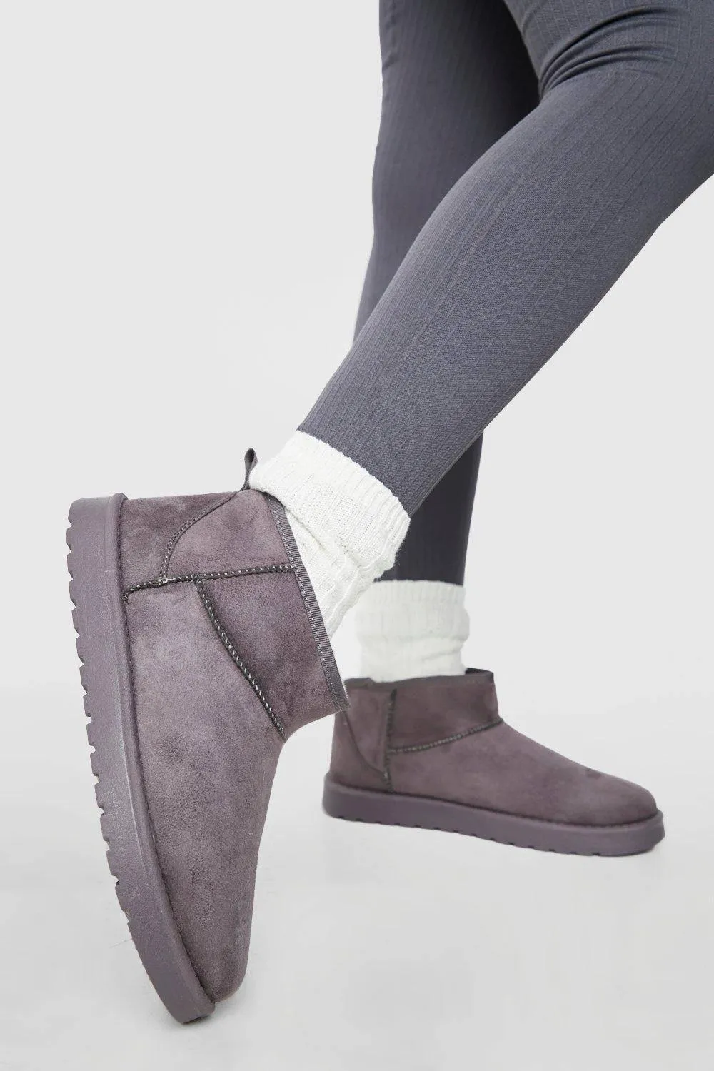 H.O.S Faux Suede Womens Fur Lined Grey Mini Winter Ankle Boots