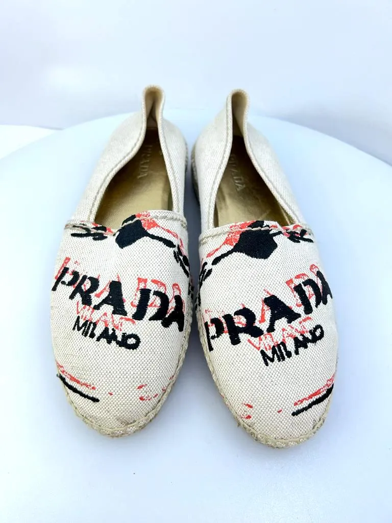 PRADA EMBROIDERED LOGO CANVAS ESPADRILLS