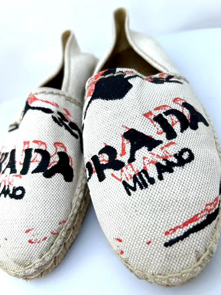 PRADA EMBROIDERED LOGO CANVAS ESPADRILLS
