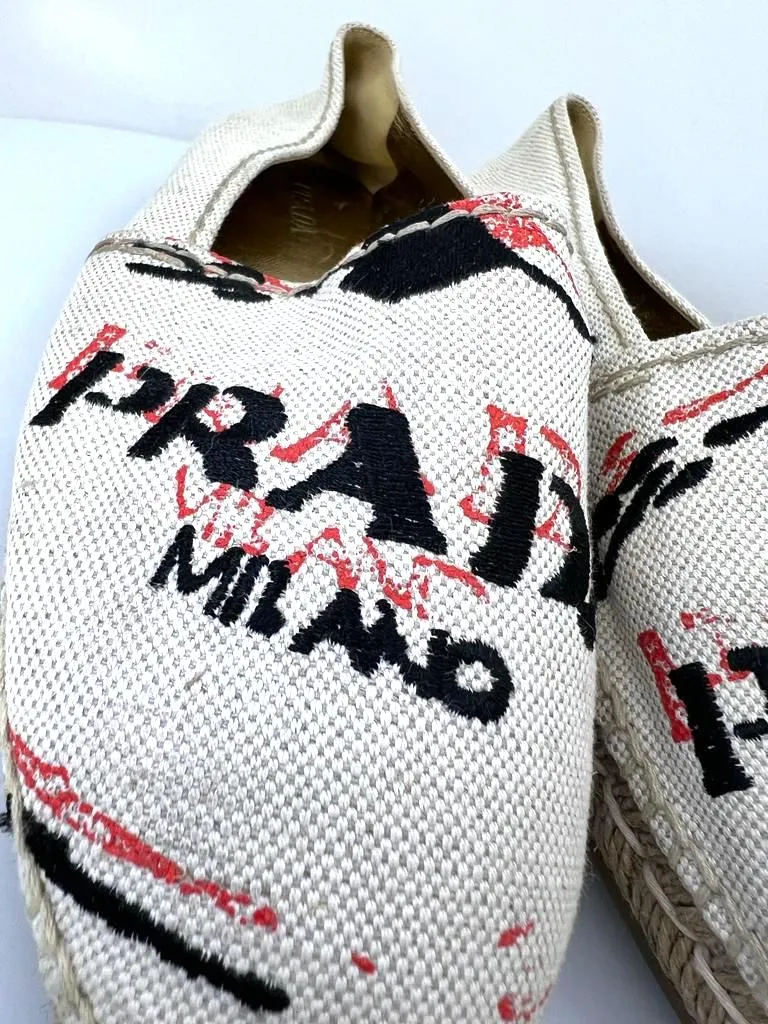 PRADA EMBROIDERED LOGO CANVAS ESPADRILLS