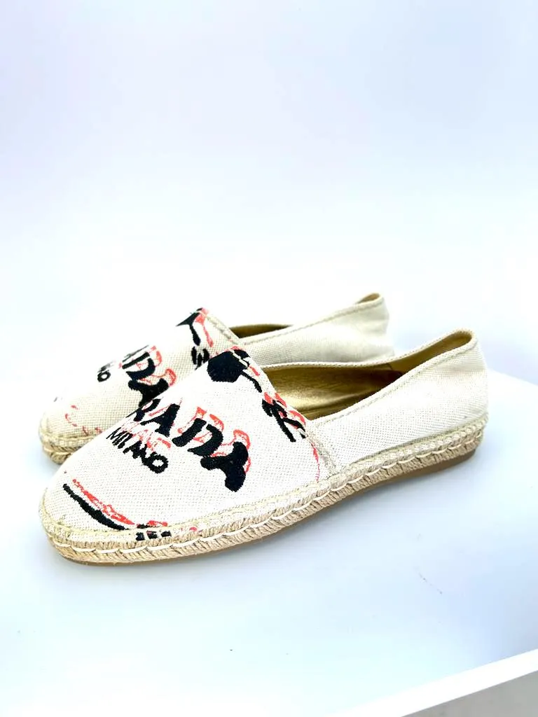 PRADA EMBROIDERED LOGO CANVAS ESPADRILLS