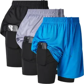 Ultra Performance 3 Pack Mens 2 in 1 Athletic Running Shorts 7 inch Inseam Workout Gym Compression Shorts for Men