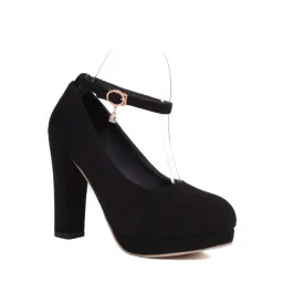 Women Almond Toe Shallow Ankle Strap Chunky Heel Platform Pumps