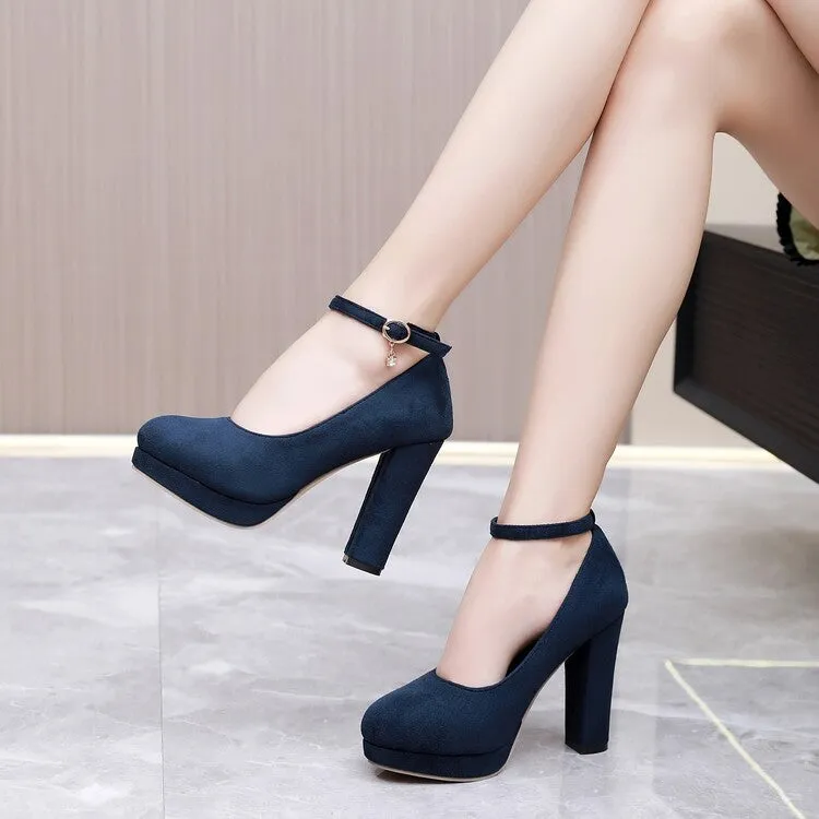 Women Almond Toe Shallow Ankle Strap Chunky Heel Platform Pumps