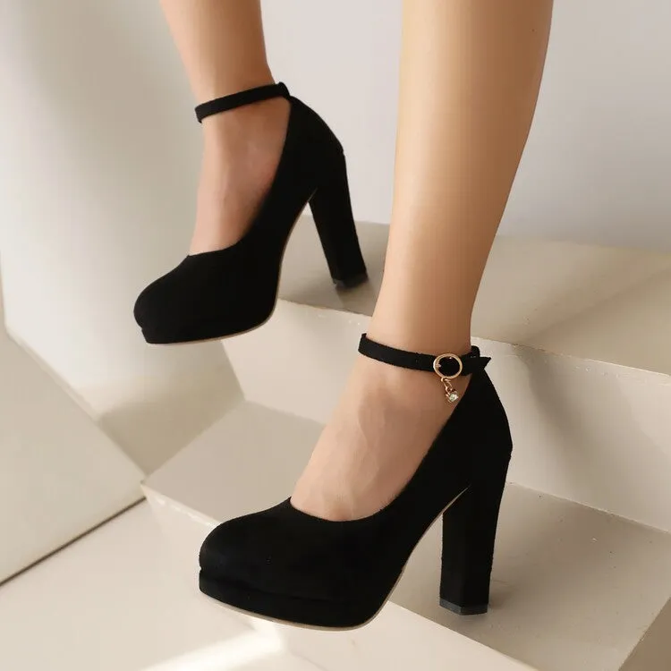Women Almond Toe Shallow Ankle Strap Chunky Heel Platform Pumps
