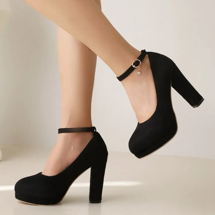 Women Almond Toe Shallow Ankle Strap Chunky Heel Platform Pumps
