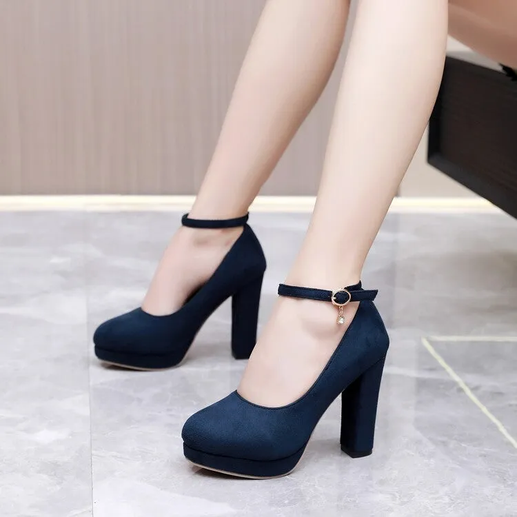 Women Almond Toe Shallow Ankle Strap Chunky Heel Platform Pumps