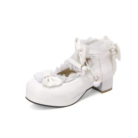 Women Bow Tie Ankle Strap Chunky Heel Pumps