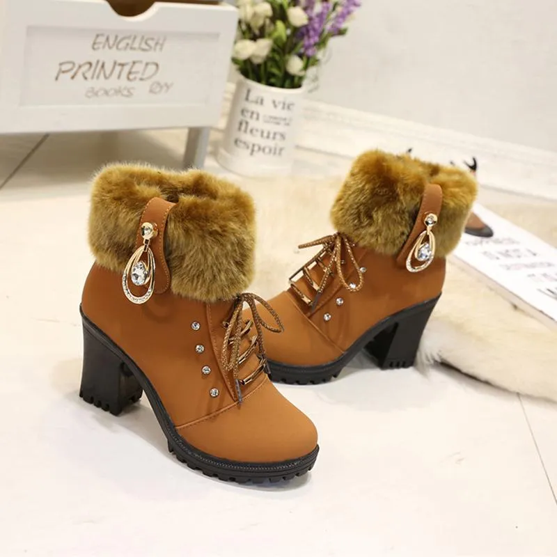 Women High Heel Antiskid Chunky Platform Studded Rhinestone Winter Lace Up Fur Boots