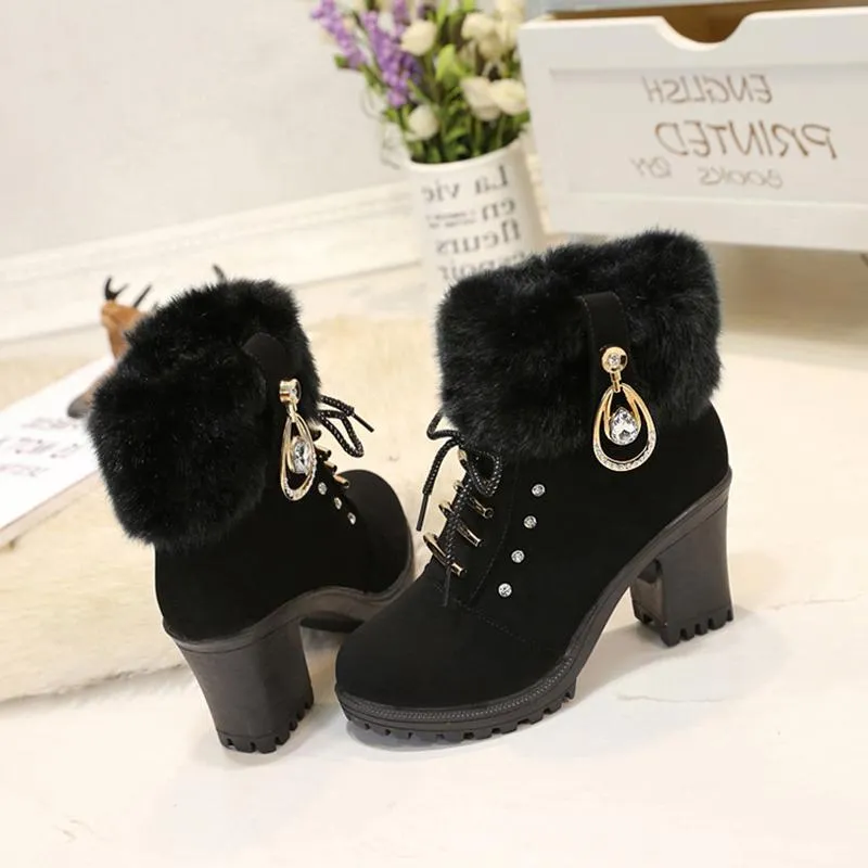 Women High Heel Antiskid Chunky Platform Studded Rhinestone Winter Lace Up Fur Boots