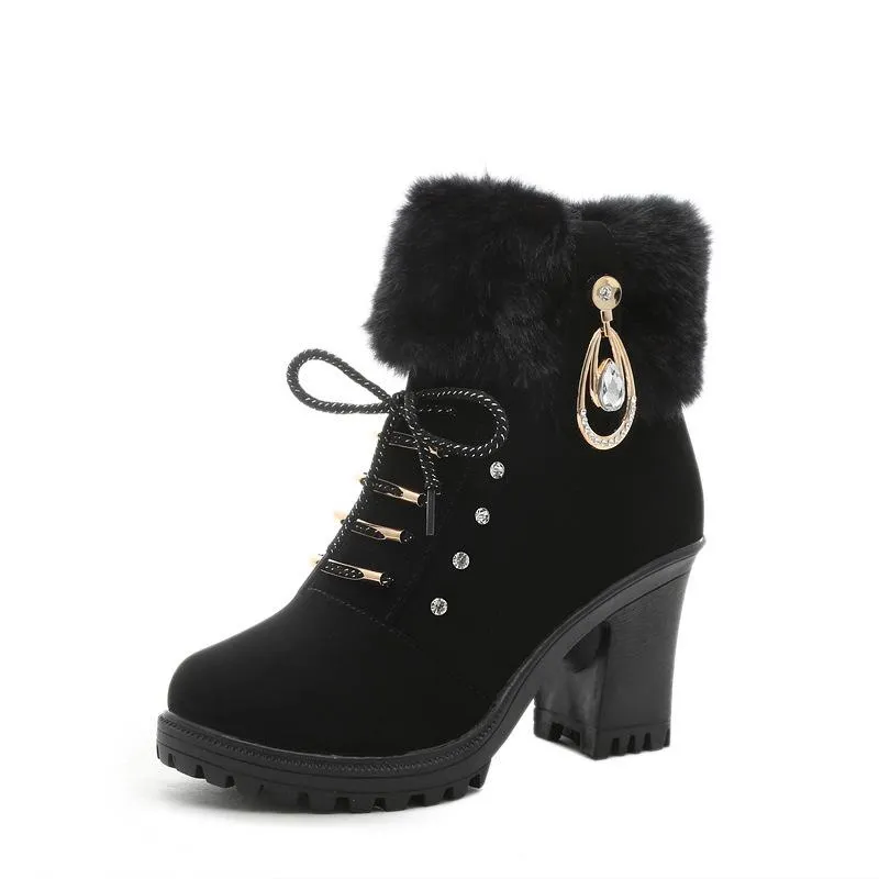 Women High Heel Antiskid Chunky Platform Studded Rhinestone Winter Lace Up Fur Boots