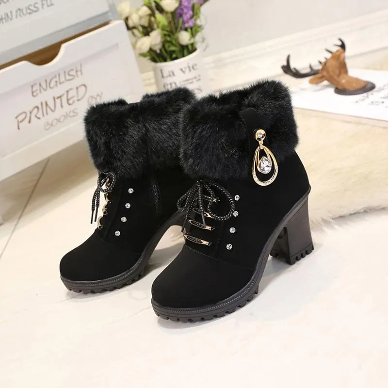 Women High Heel Antiskid Chunky Platform Studded Rhinestone Winter Lace Up Fur Boots