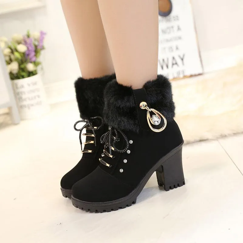 Women High Heel Antiskid Chunky Platform Studded Rhinestone Winter Lace Up Fur Boots