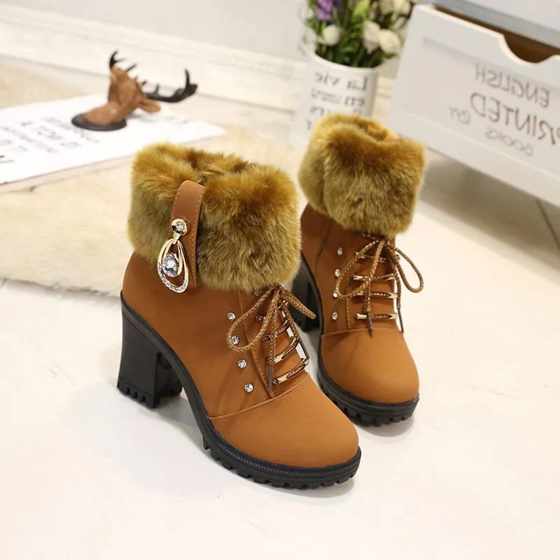 Women High Heel Antiskid Chunky Platform Studded Rhinestone Winter Lace Up Fur Boots