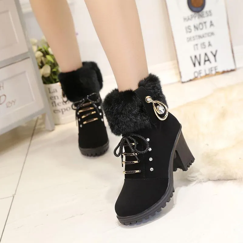 Women High Heel Antiskid Chunky Platform Studded Rhinestone Winter Lace Up Fur Boots