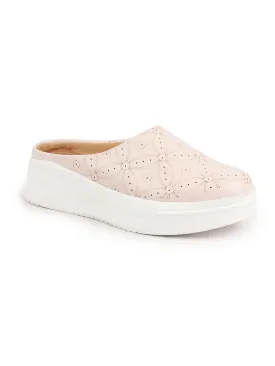 Women Lavender Laser Cut Back Open Platform Heel Slip On Mules Casual Shoes