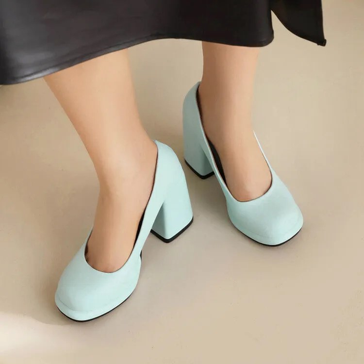 Women's Candy Color Square Toe Shallow Block Chunky Heel Platform Pumps