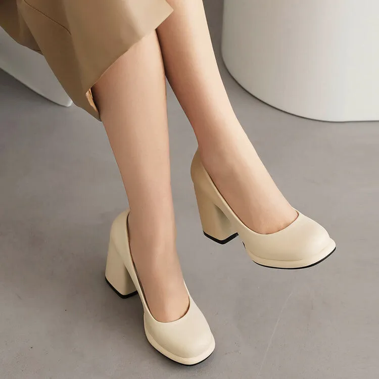 Women's Candy Color Square Toe Shallow Block Chunky Heel Platform Pumps